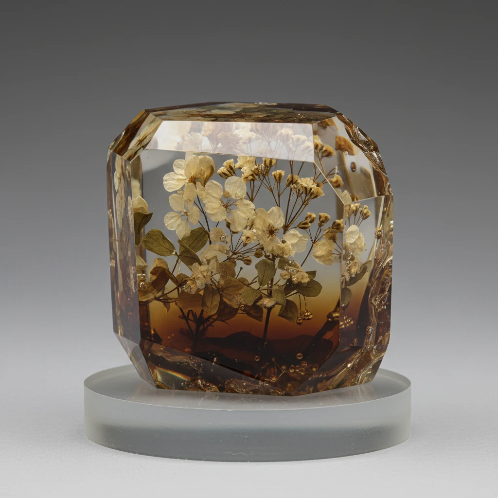 Clear amber resin specimen with colorful dried flowers enclosed inside