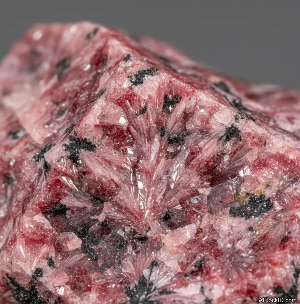 Close-up of polished pink rhodonite with black manganese-oxide veining and a satin-to-vitreous shine
