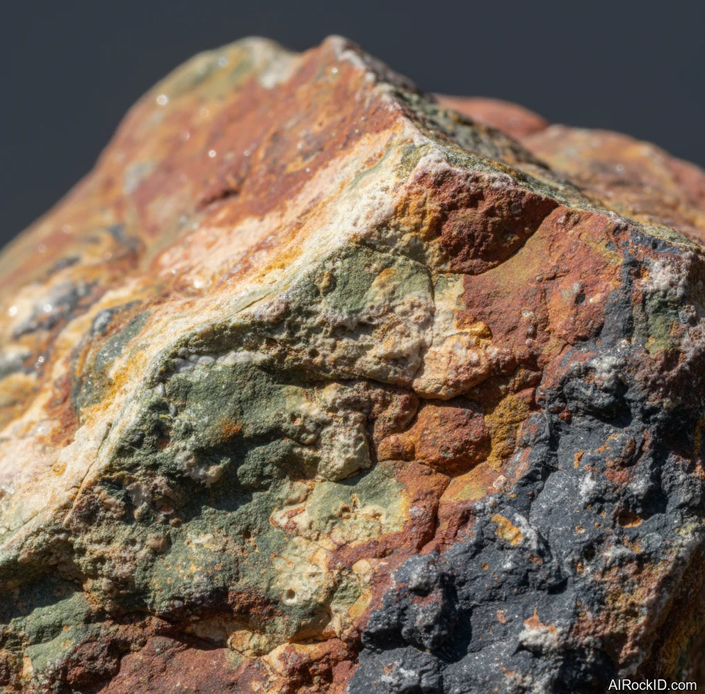 Polished rhyolite with green and tan mottling and small dark spherulites, close-up texture detail
