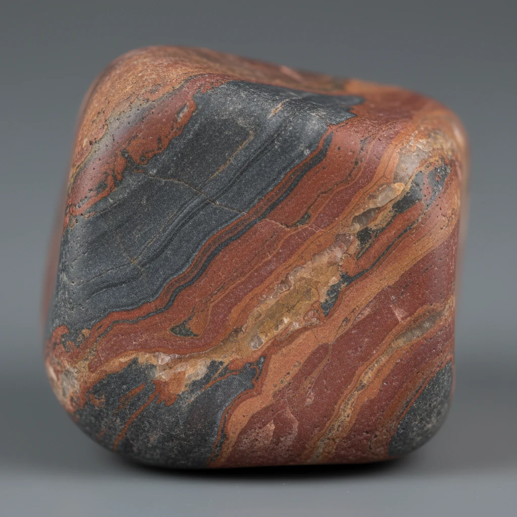 Smooth rounded river pebbles in gray, brown, and red tones with dull to slightly glossy surfaces