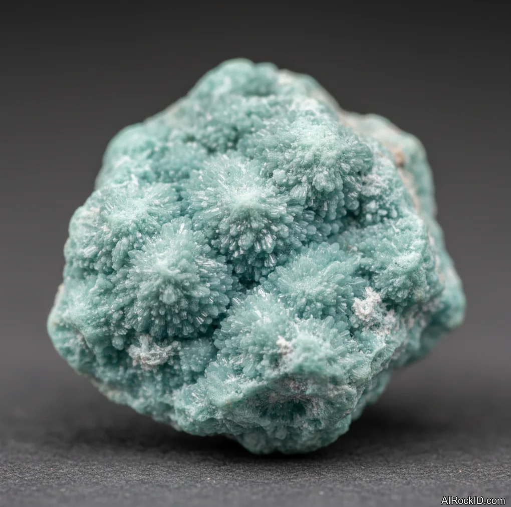 Close-up of blue-green rosasite rosettes with a velvety, fibrous texture on dark brown matrix