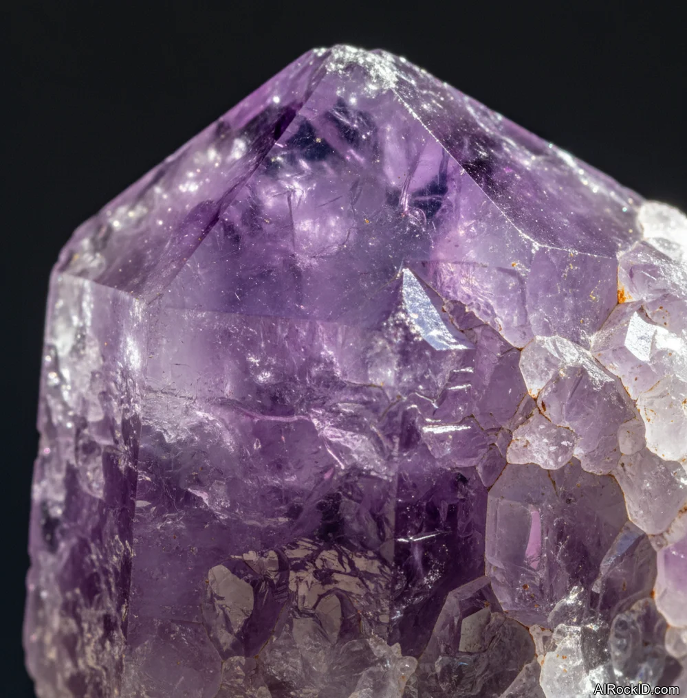 Close-up of Rwanda amethyst quartz crystals with medium to deep purple color and glassy luster on pale matrix