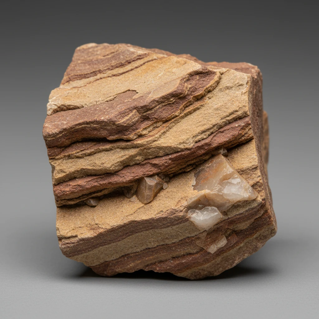 Tan to red layered sandstone specimen with dull earthy luster and gritty texture
