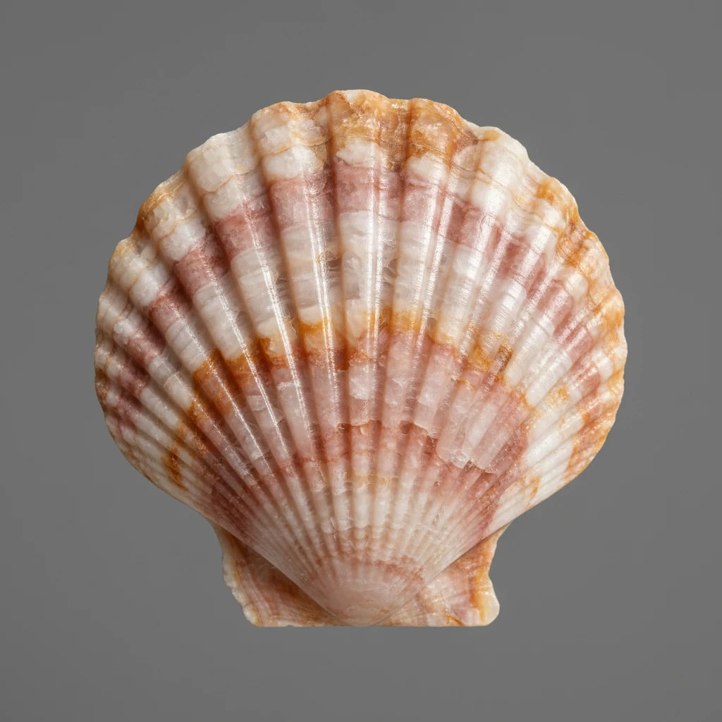 Fan-shaped scallop shell with ribbed texture and pale white to pink-orange coloration