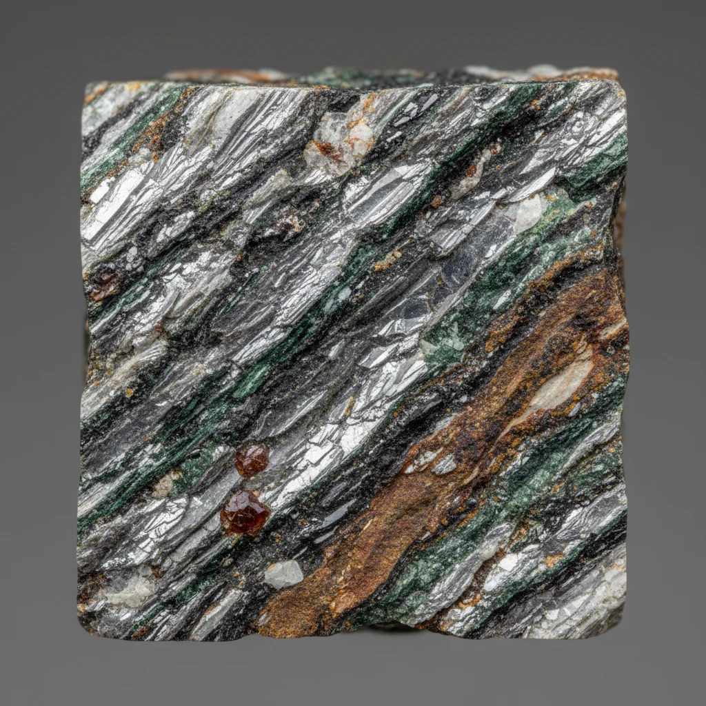 Sparkly foliated schist rock specimen with silvery mica layers and wavy sheet-like texture