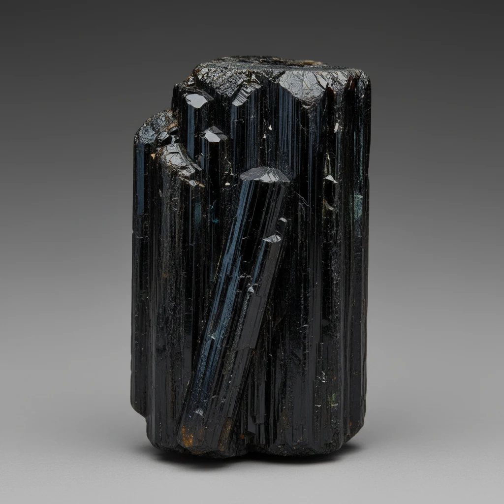 Opaque black schorl tourmaline crystal with vertical striations and glossy prismatic faces