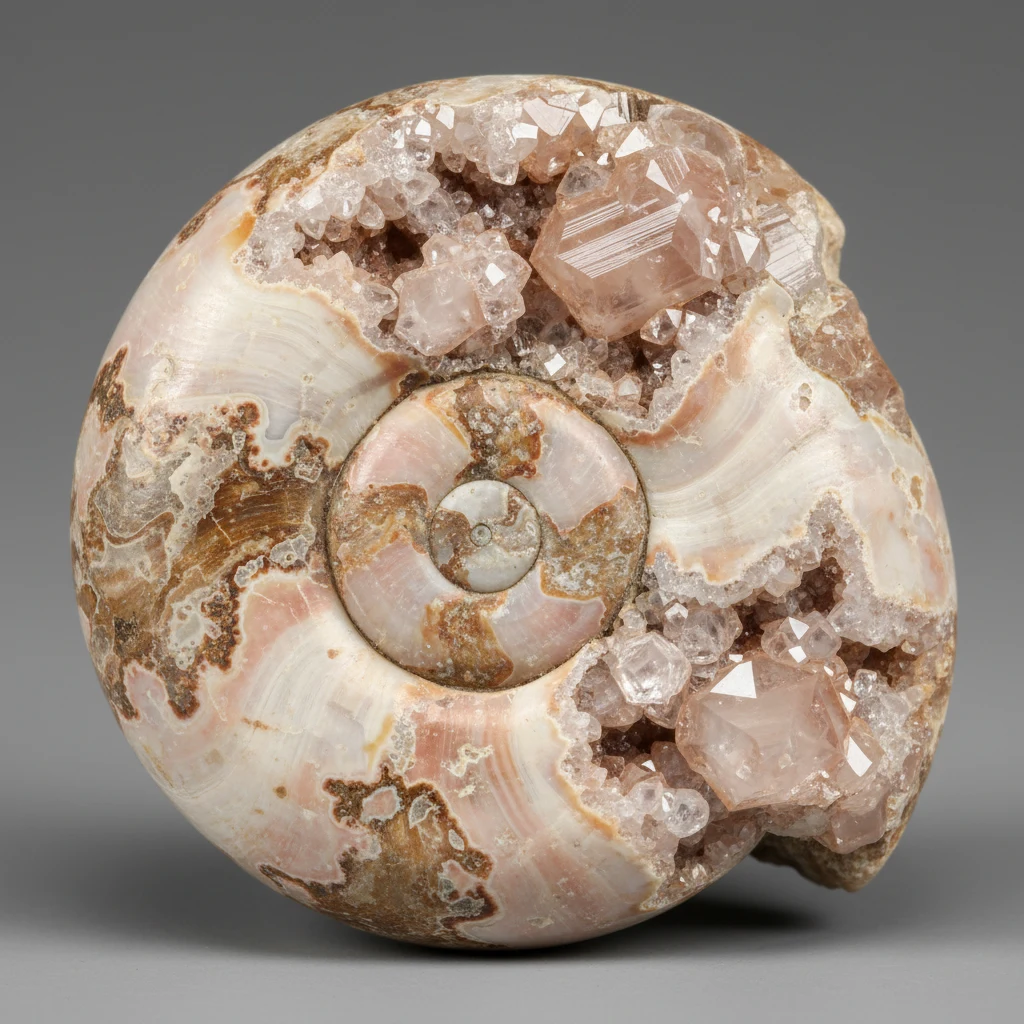 Pearly seashell specimens in white, brown, and pink with varied shapes and surface patterns