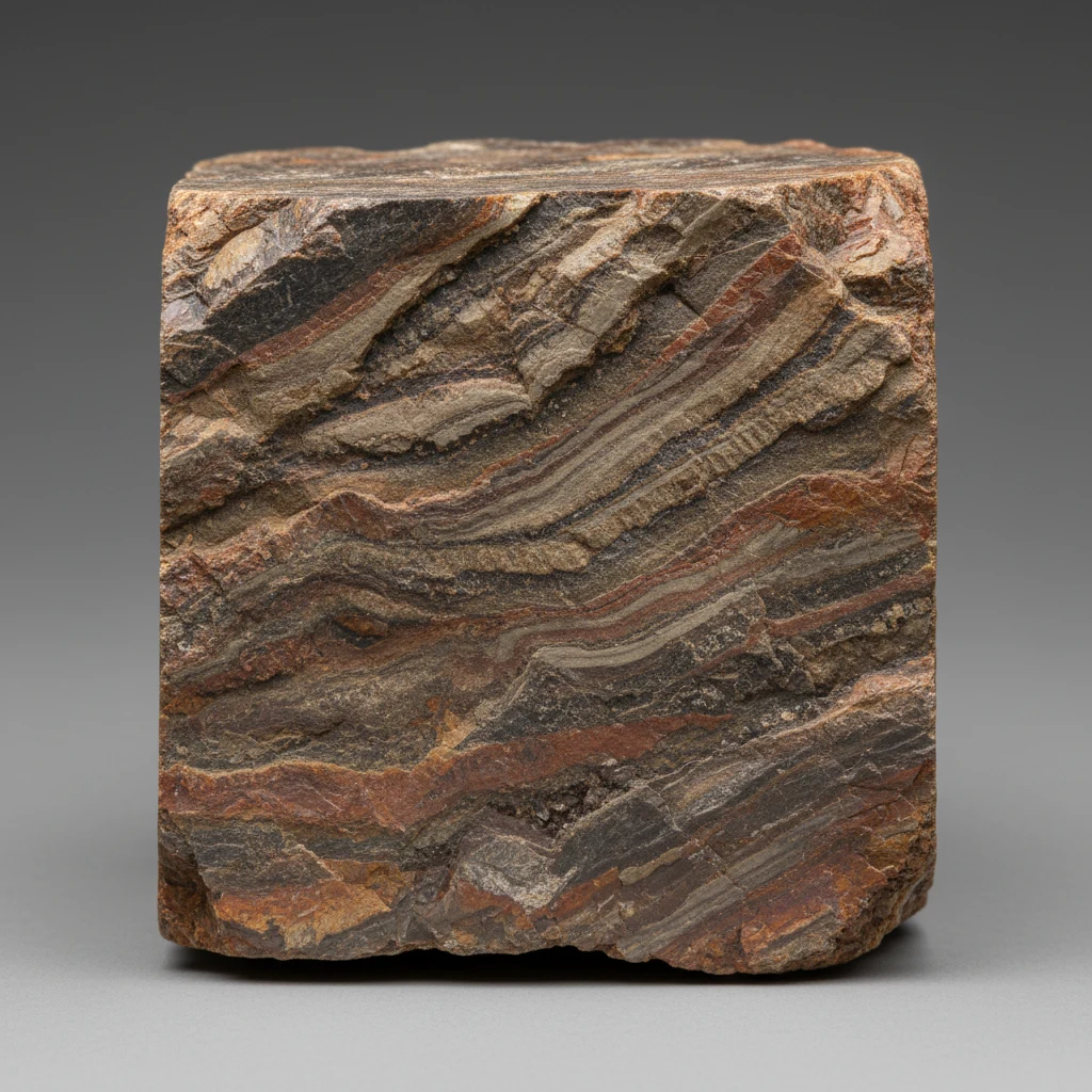 Layered brown gray and red sedimentary rock specimen with earthy luster