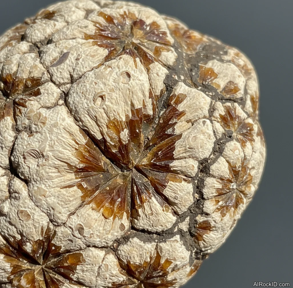 Close-up of a polished septarian nodule showing yellow calcite veins in a brown limestone matrix with polygon cracks
