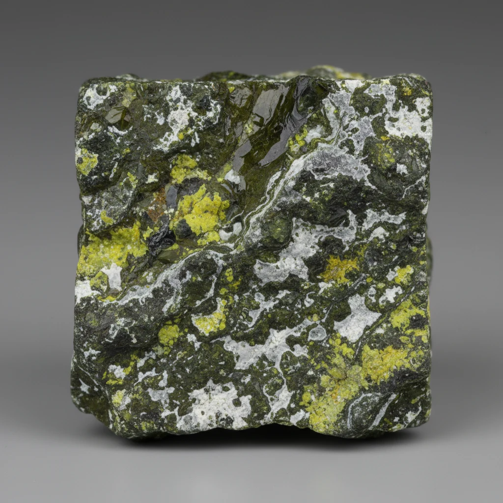 Mottled olive green and black-green serpentinite rock with waxy luster and pale veining