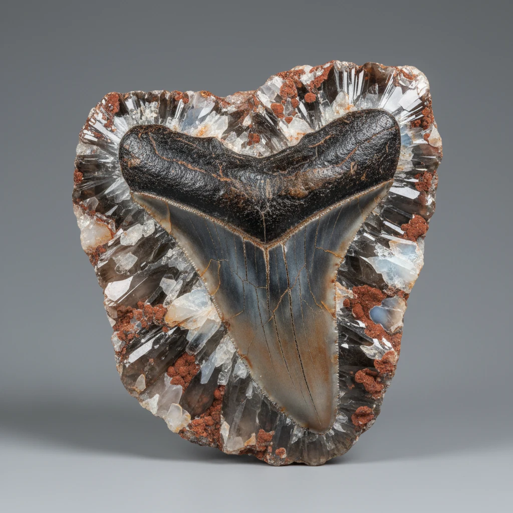 Glossy dark shark tooth fossil with triangular crown and dull porous root on a neutral display surface
