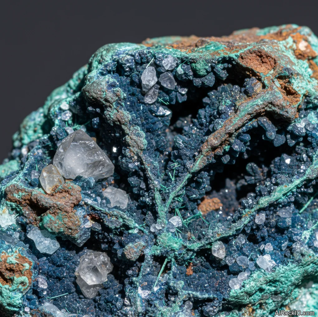 Close-up of deep blue shattuckite with lighter blue bands and green malachite patches in a quartz-rich matrix