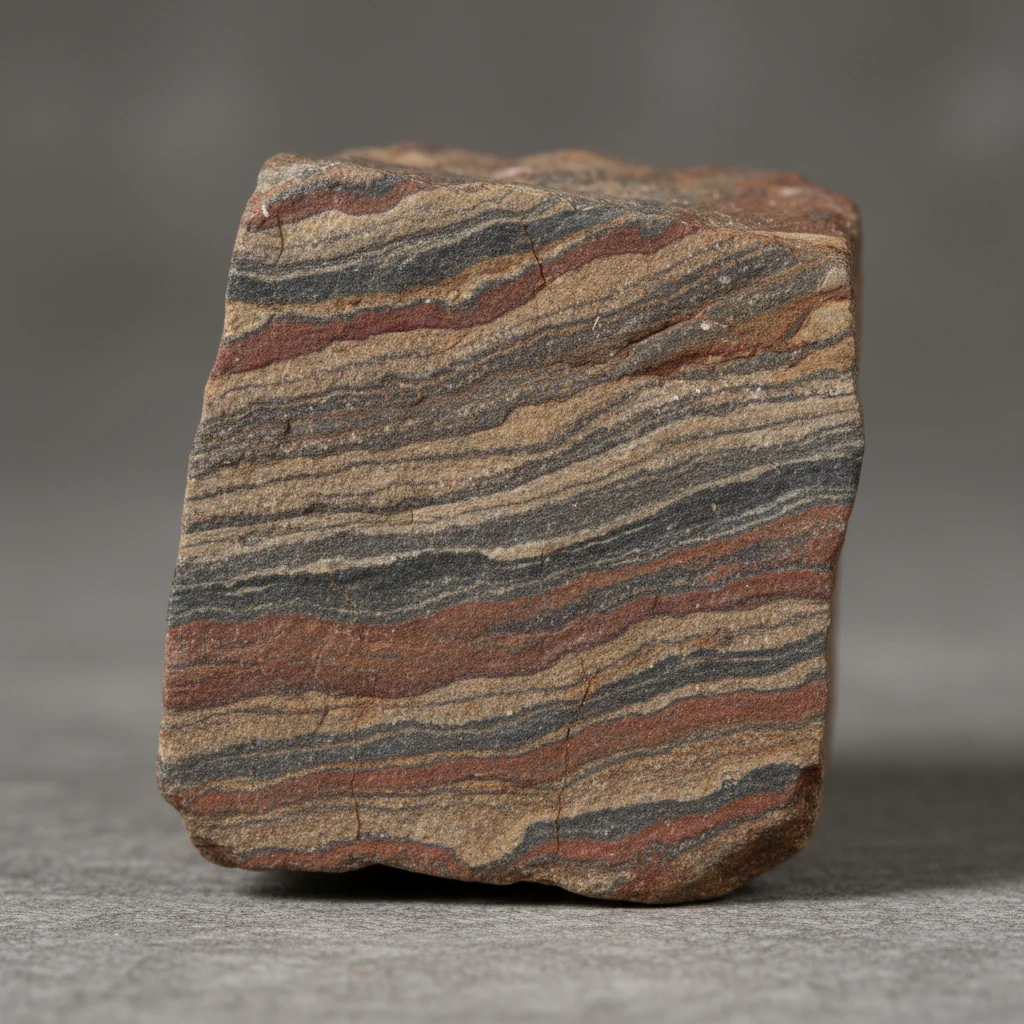 Fine-grained gray-brown siltstone specimen with dull luster and layered sedimentary texture
