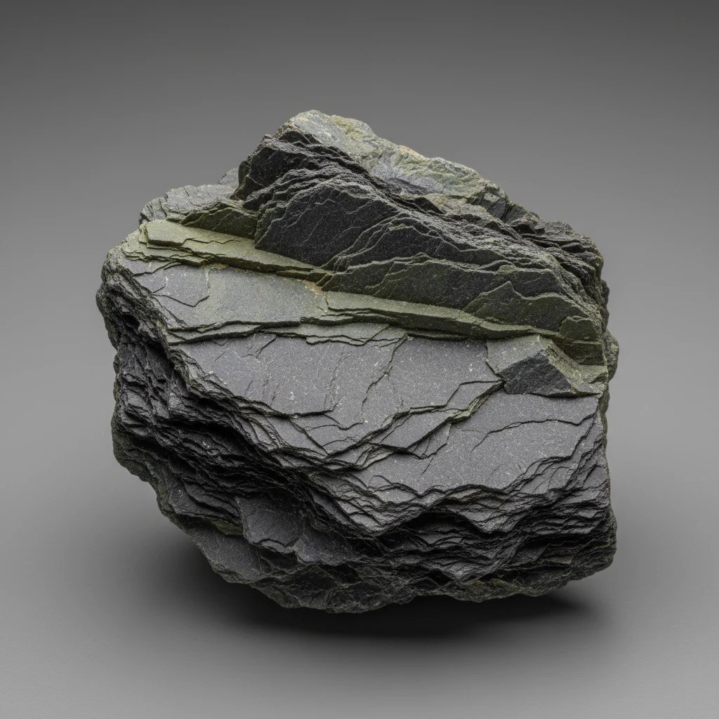 Fine-grained grey slate specimen with flat layered surfaces and dull luster