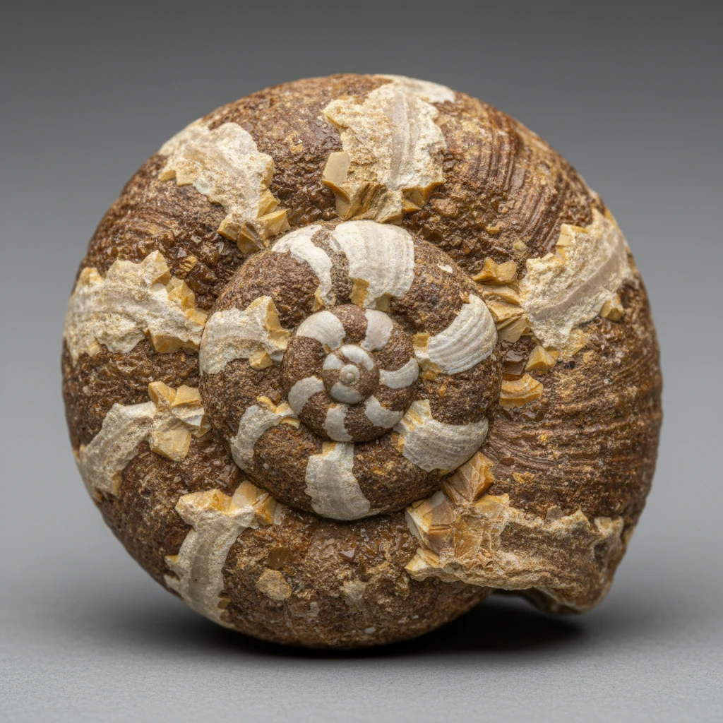 Spiral snail shell specimen with brown, white, and yellow tones on a neutral background