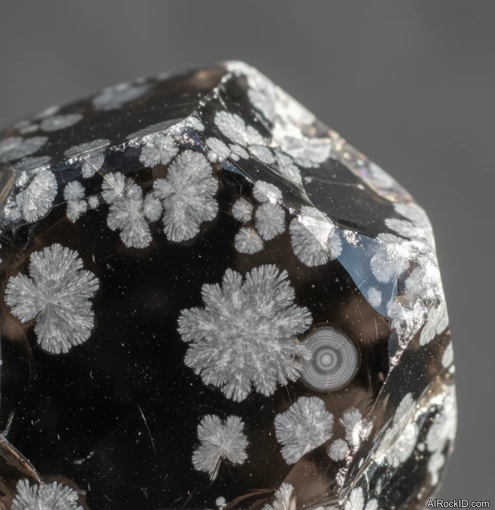 Polished snowflake obsidian showing white snowflake-like cristobalite patterns in black volcanic glass