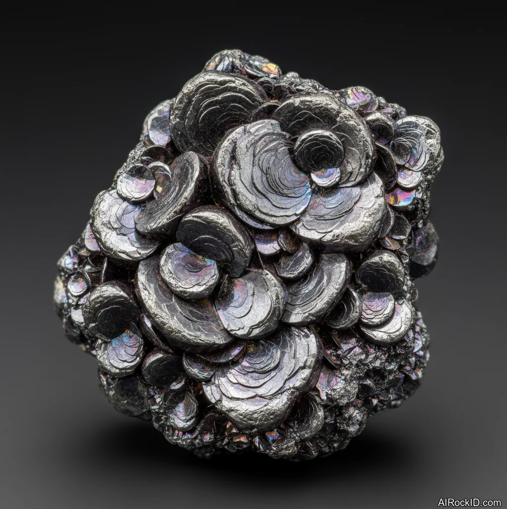 Close-up of specular hematite flakes with mirrorlike metallic sparkle and dark steel-gray color