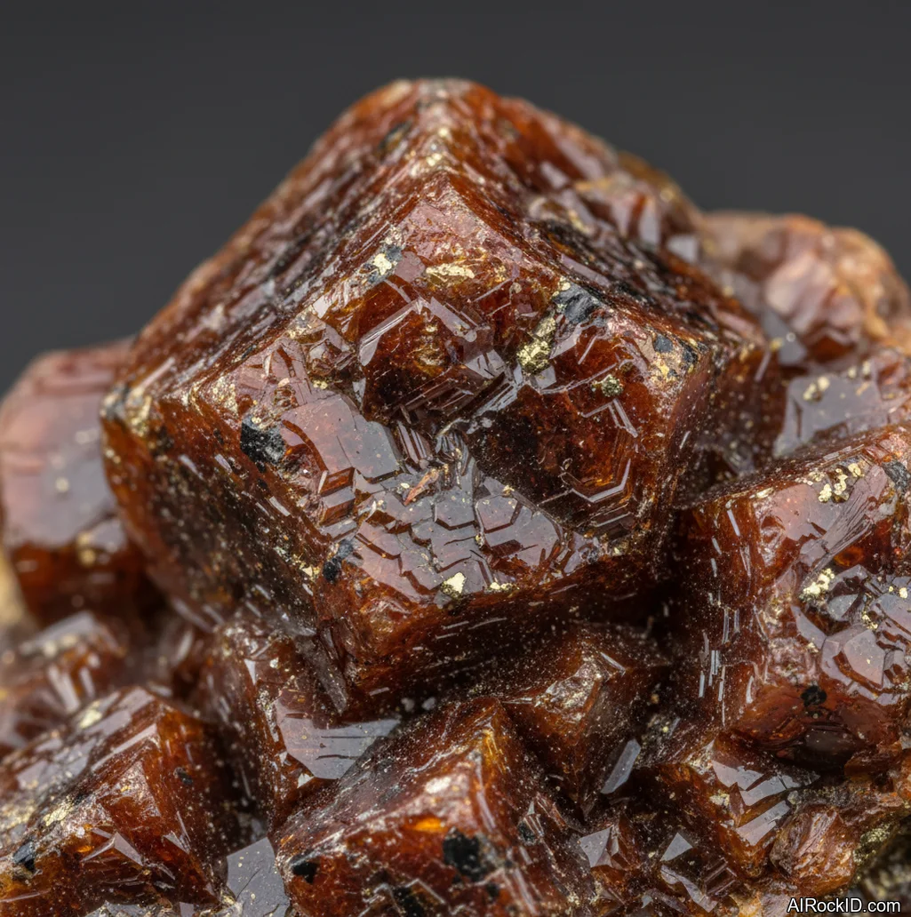 Close-up of resinous, honey-brown sphalerite crystal faces with bright reflections and small cleavage steps