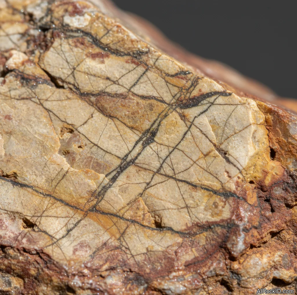 Close-up of polished Spider Web Jasper showing dark spiderweb veining across a cream to gray jasper base