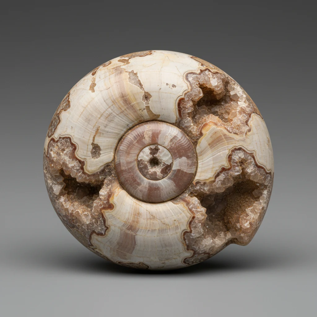 Coiled spiral shell specimen with smooth shiny surface in white, brown, and pink tones