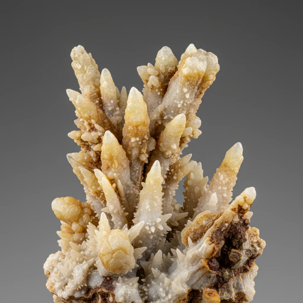White to yellow-brown stalactitic calcite specimen with elongated tubular cave-dripstone form and vitreous luster