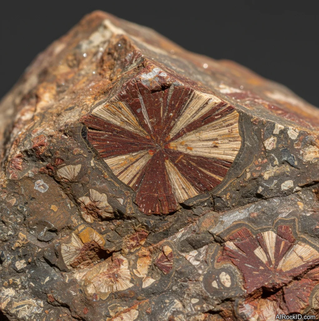 Close-up of polished Star Jasper showing pale starburst patterns radiating through a brown to gray jasper base