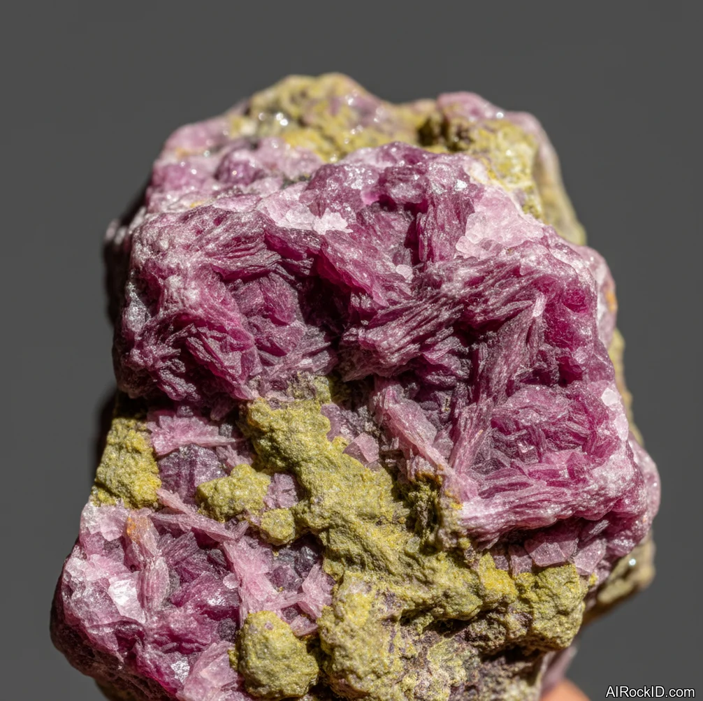 Close-up of purple stichtite patches in green serpentine matrix with a waxy polish and mottled texture