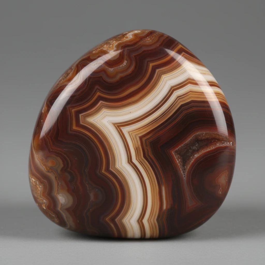 Polished striped agate showing brown, red, and white banding with a vitreous to waxy luster