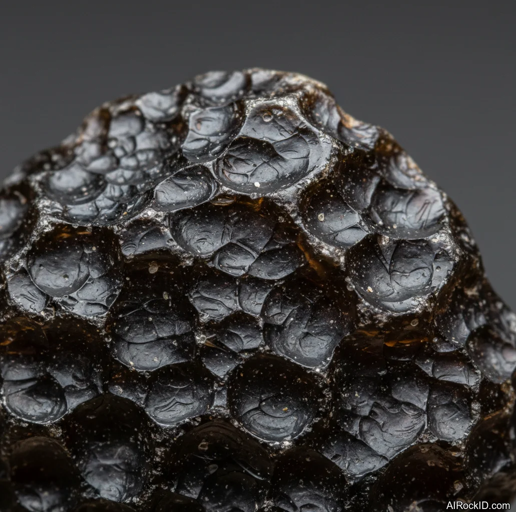 Close-up of a black tektite showing pitted, sculpted surface texture and glassy luster