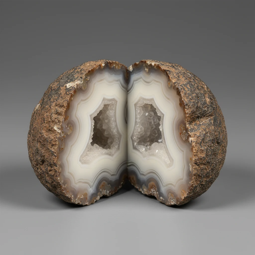 Cut Thunder Egg nodule showing agate and quartz-filled concentric banding in brown, gray, and white tones