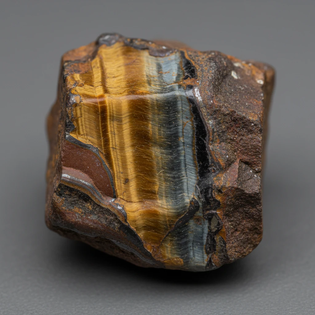 Rough Tiger Eye Matrix with golden brown chatoyant bands in dark iron-rich host rock