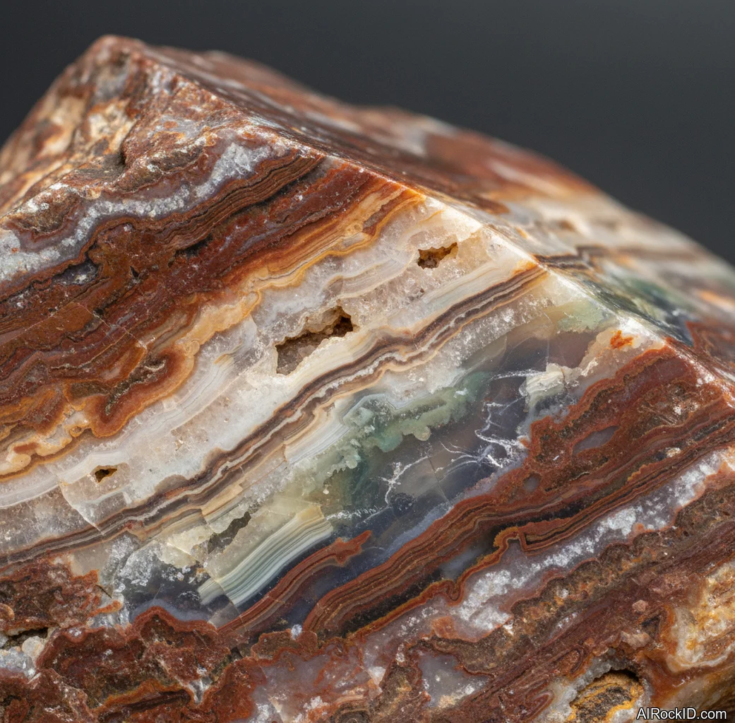 Close-up of polished Timor Agate showing tight banding in cream, brown, and gray with a waxy-to-vitreous shine