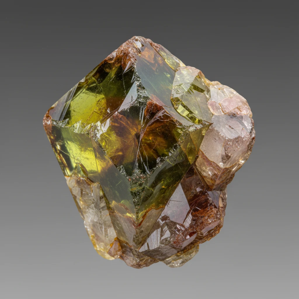Yellow-green titanite sphene crystal showing wedge-shaped form and bright adamantine luster