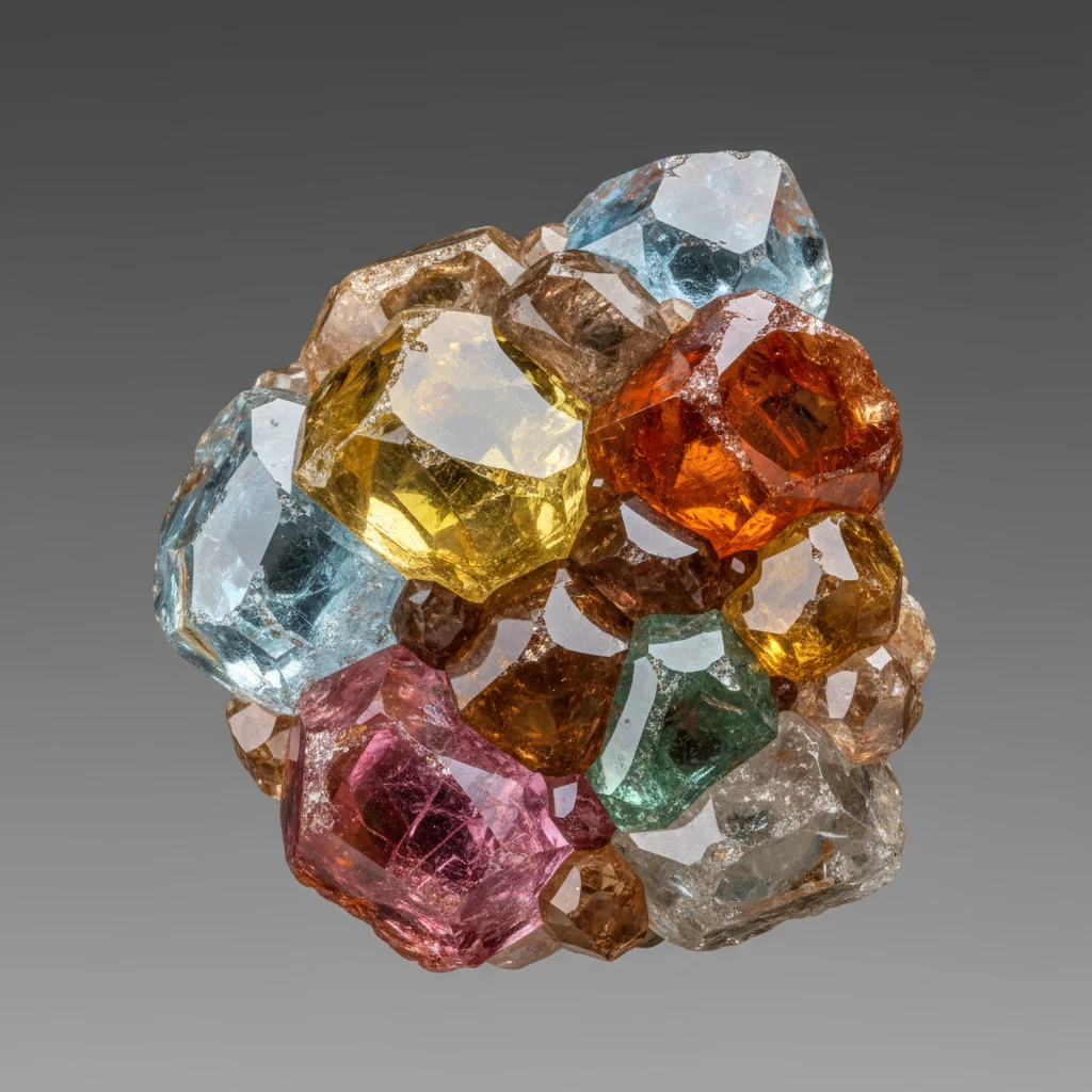 Transparent topaz crystal with glassy luster and prismatic form on a neutral background