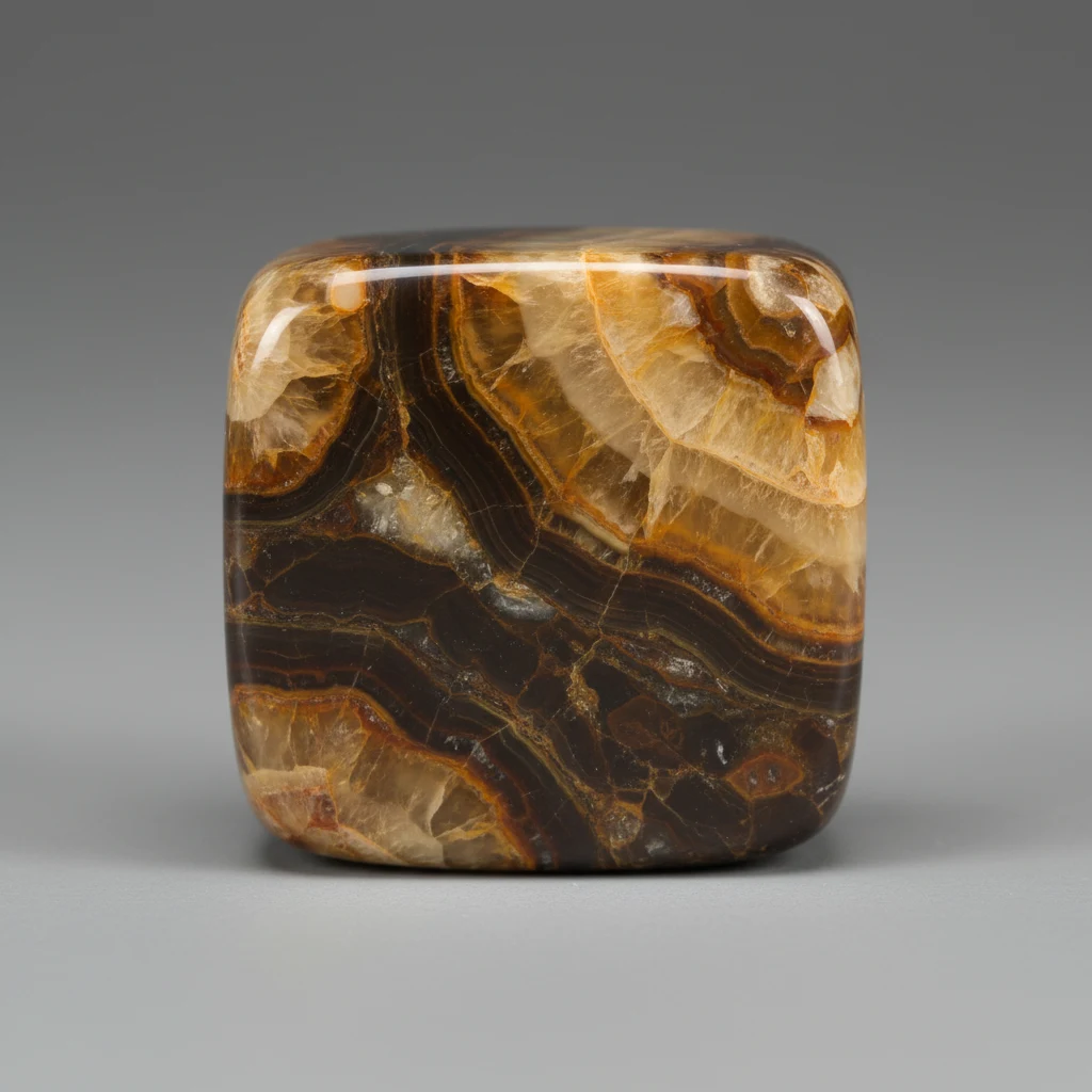 Polished tortoise shell organic gem showing amber, yellow, and dark brown mottled pattern with smooth resinous luster