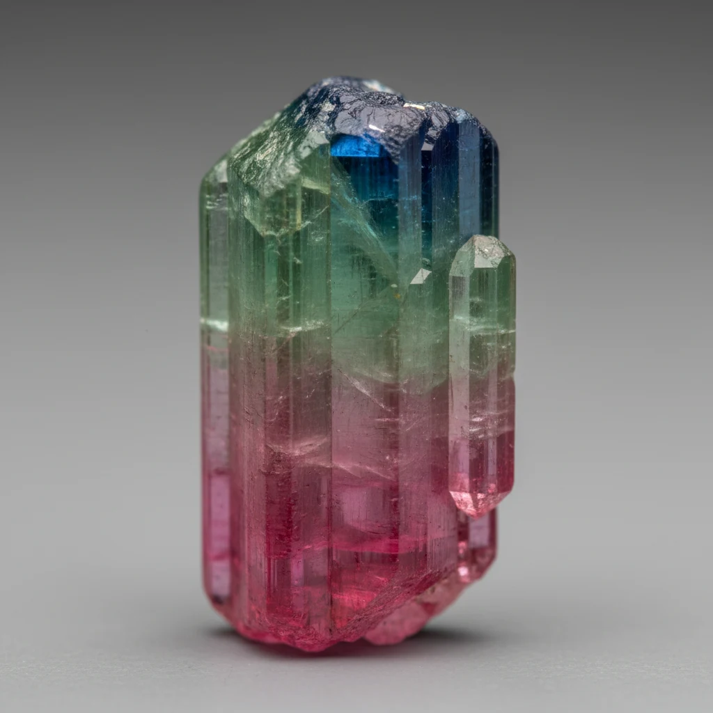 Colorful elongated Elbaite tourmaline crystal with vitreous luster and pink, green, or blue zoning