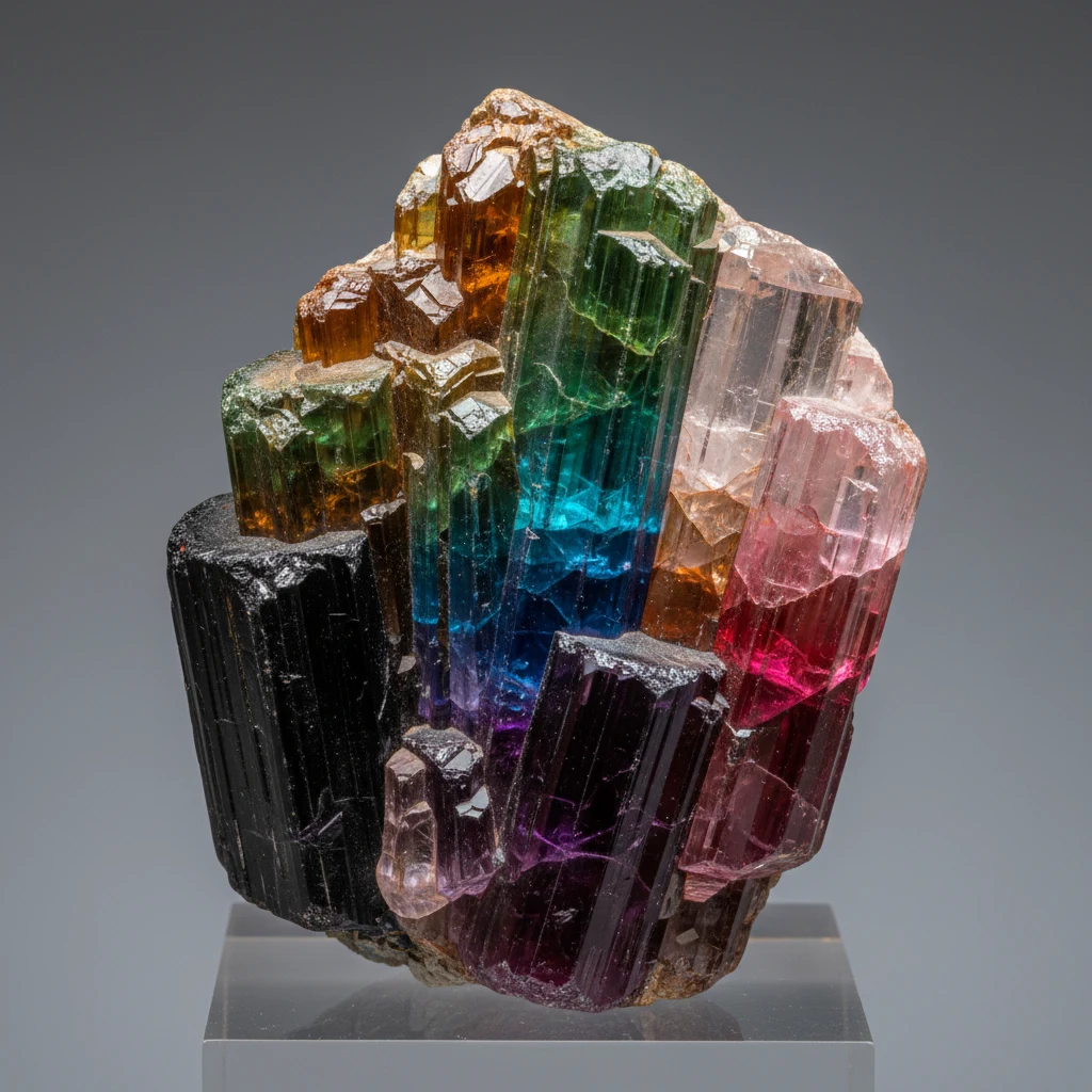 Multicolored tourmaline crystals with vitreous luster, vertical striations, and prismatic trigonal form