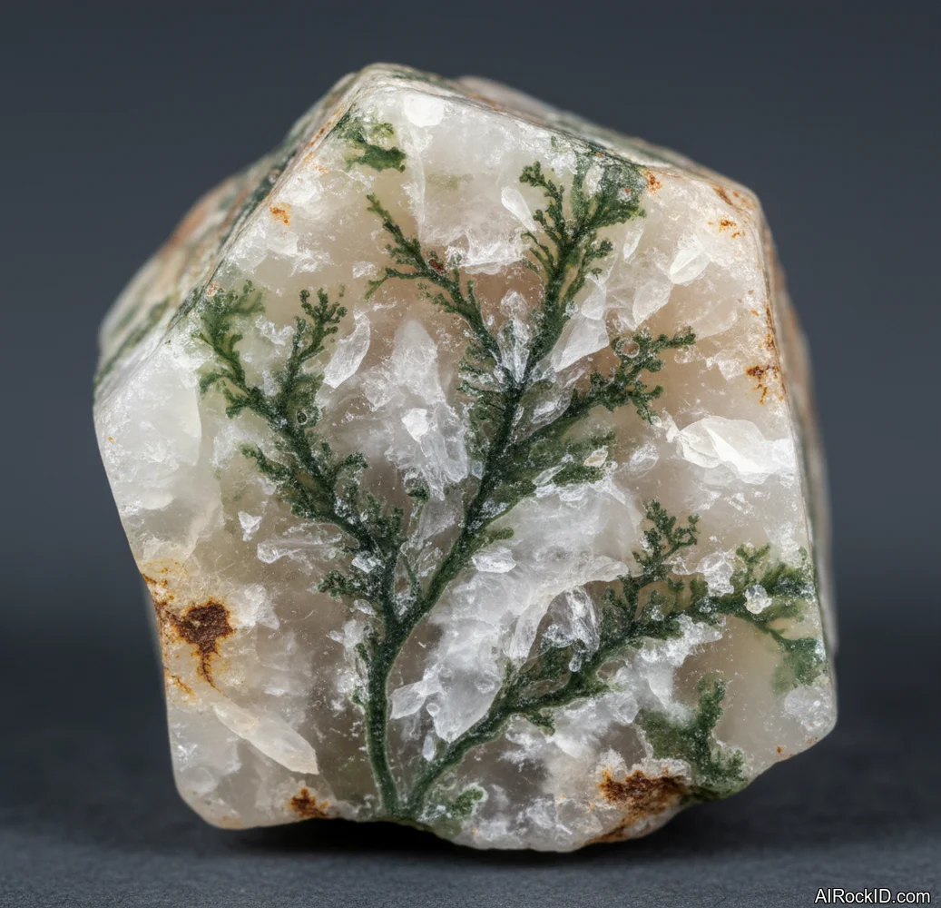 Close-up of polished Tree Agate showing milky white chalcedony with mossy green dendritic patterns like tiny branches
