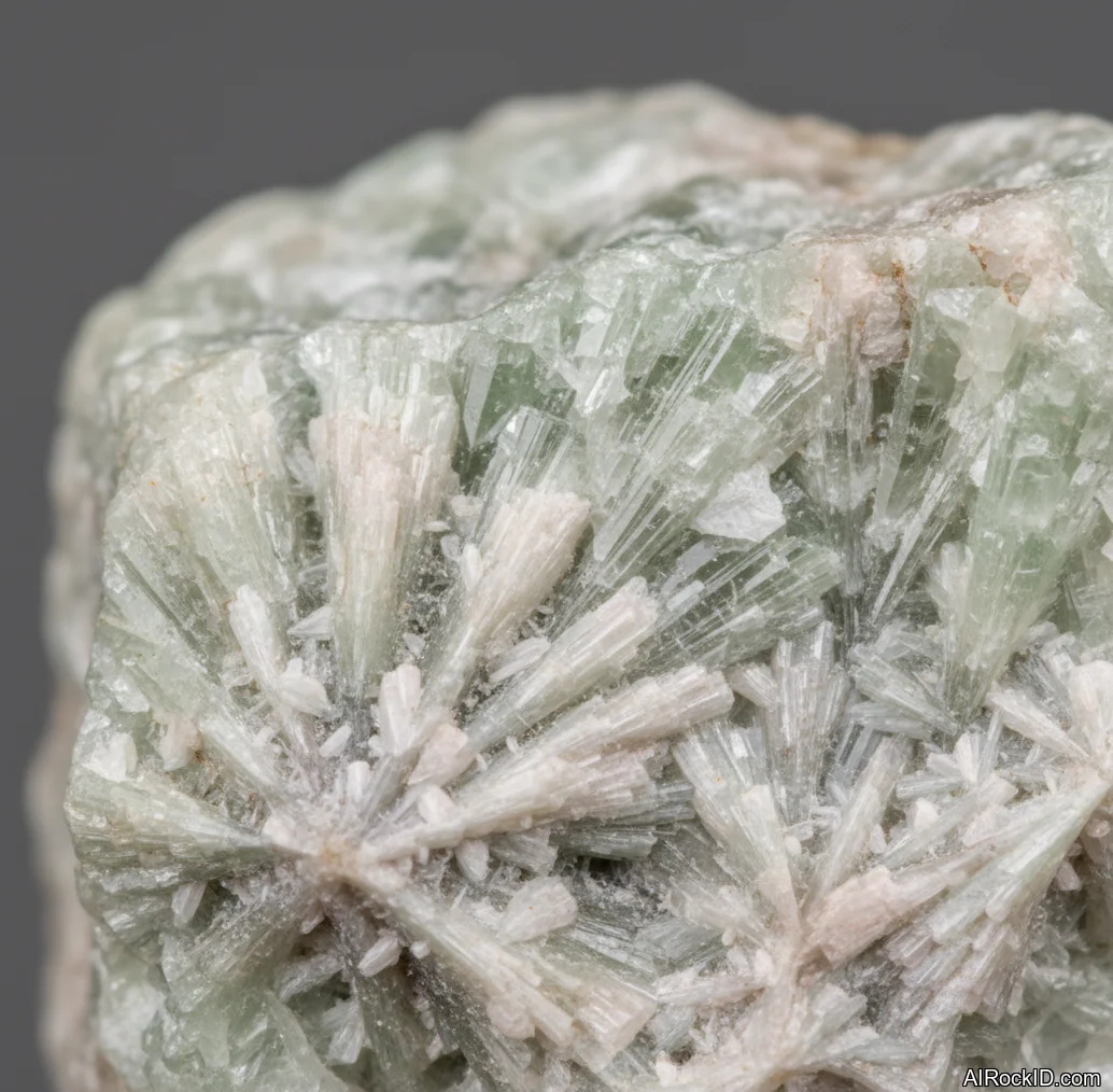 Close-up of pale green tremolite crystals with silky to vitreous luster on a white marble matrix