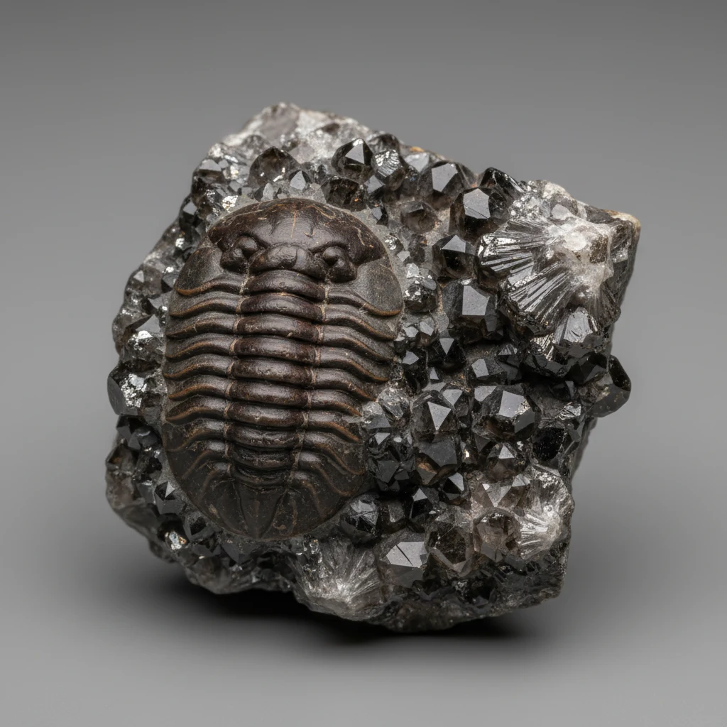 Brown gray black trilobite fossil showing a segmented three-lobed exoskeleton in sedimentary matrix
