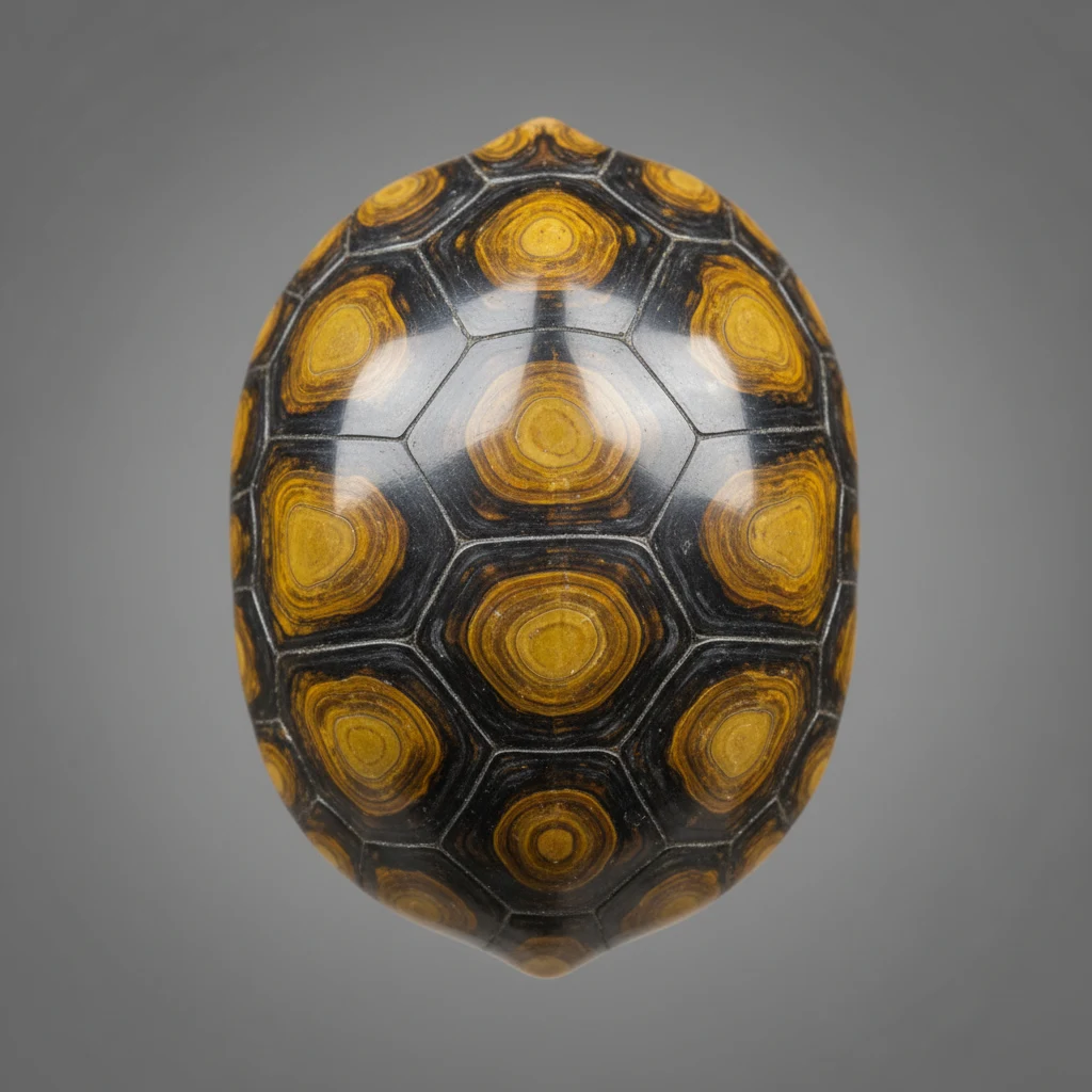 Mottled Turtle Shell organic gem showing brown, black, and yellow patterned keratin surface