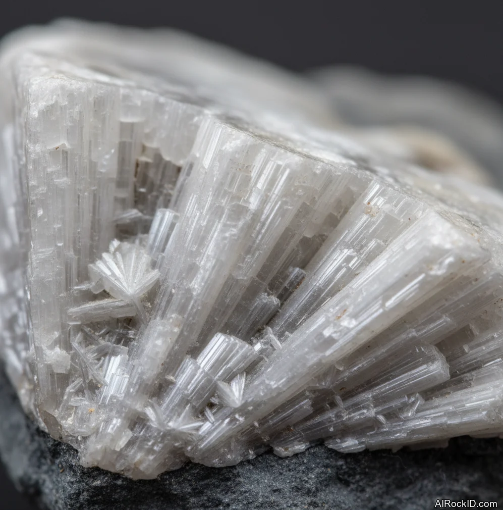Close-up of white fibrous ulexite with silky sheen and parallel needlelike fibers on a dark background