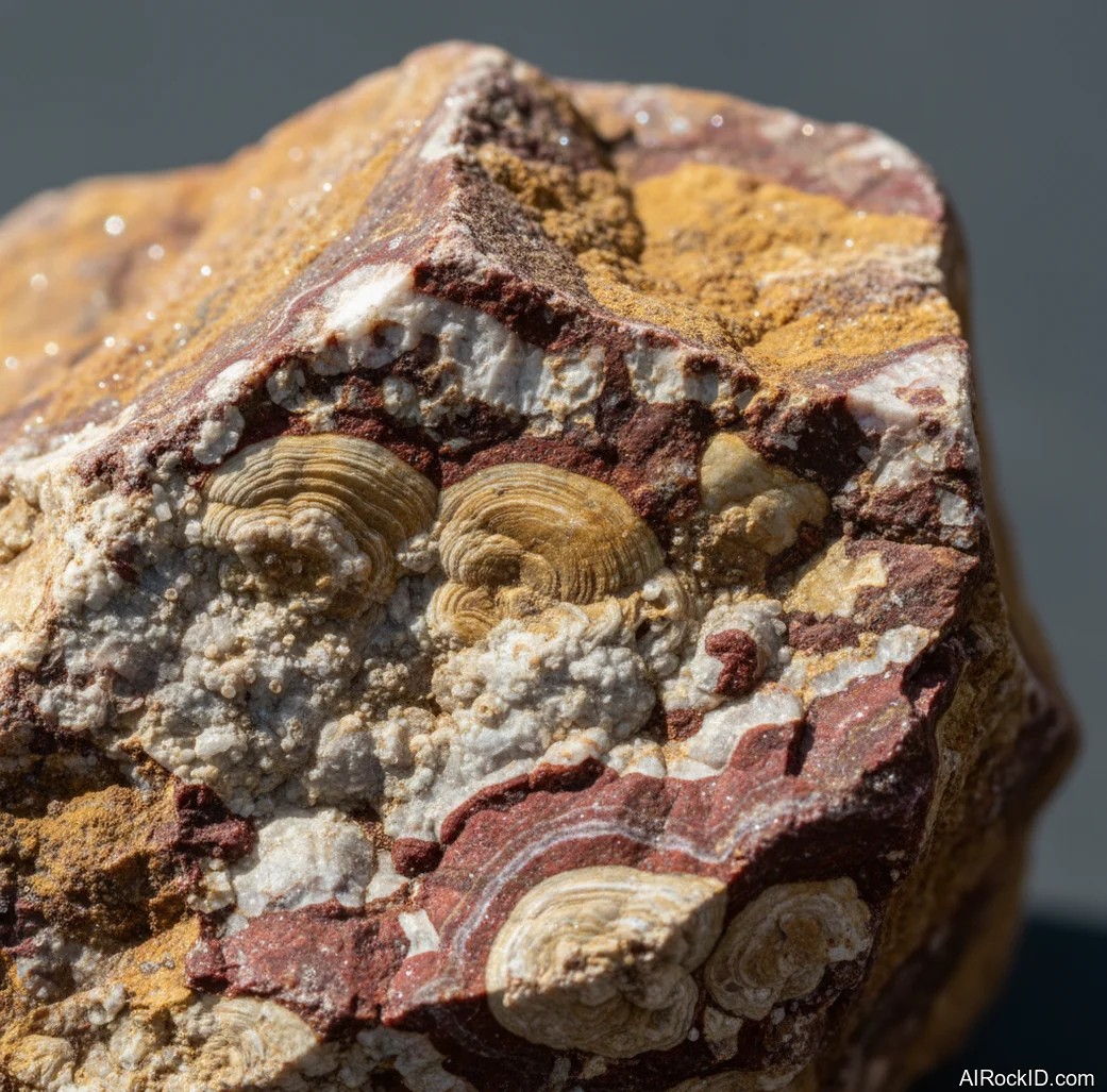 Close-up of a polished cream-and-honey banded Vatican Stone cabochon with calcite veining and a waxy shine
