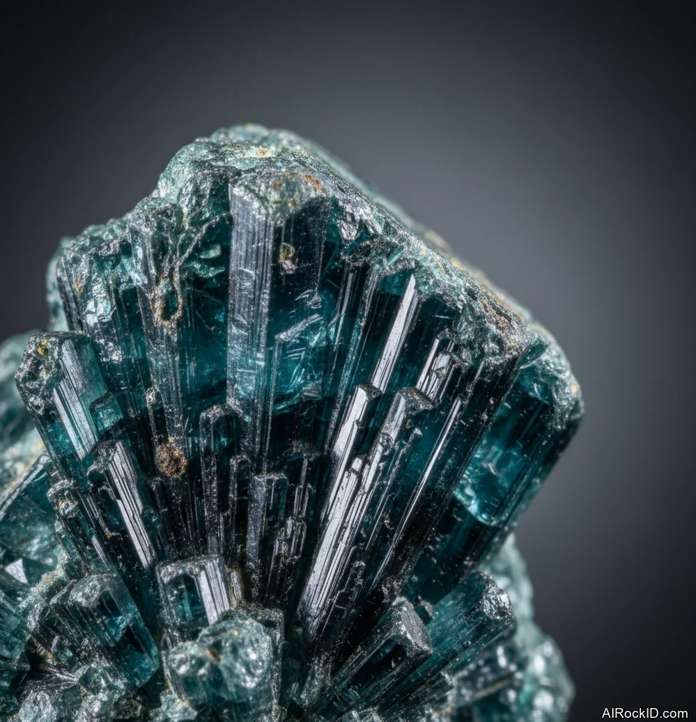 Close-up of blue-green vivianite crystals with glassy luster on a dark matrix