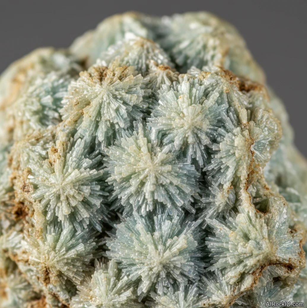 Close-up of green wavellite radial spherules on dark matrix with silky luster