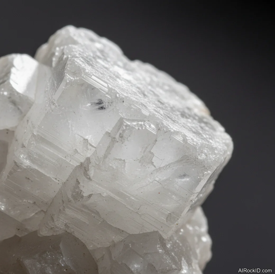 Close-up of a white calcite chunk showing bright cleavage faces and a soft milky translucence