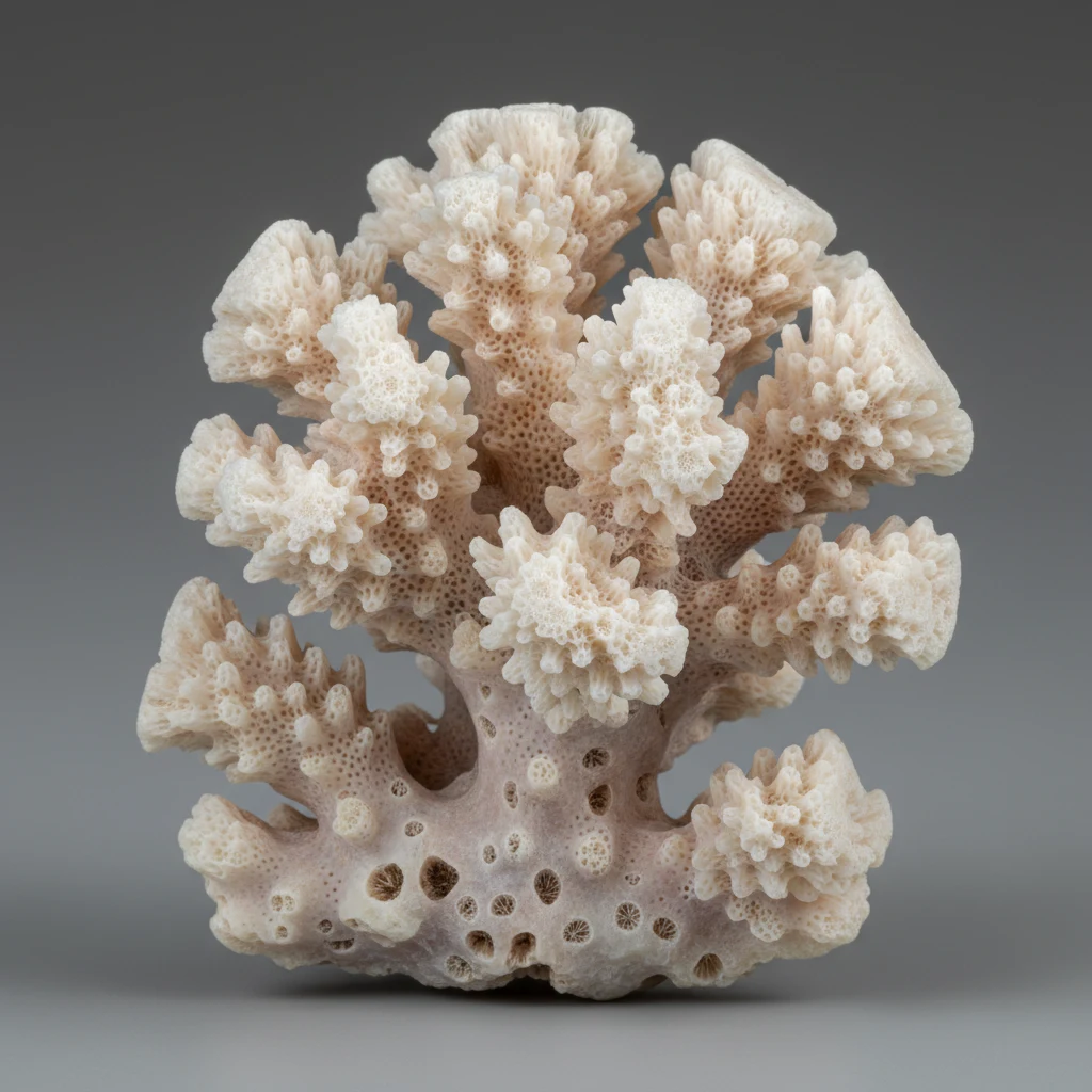 White Coral specimen with bright white branching form and smooth lustrous surface