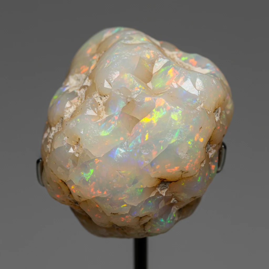 Milky white opal specimen with creamy body color and subtle rainbow play-of-color