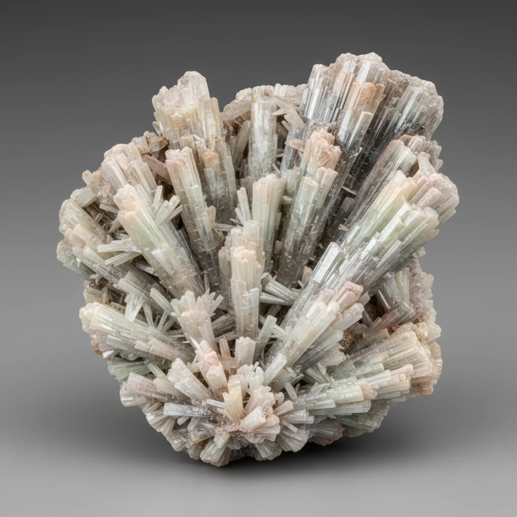 White to gray wollastonite mineral specimen with bladed, silky crystals on calc-silicate matrix