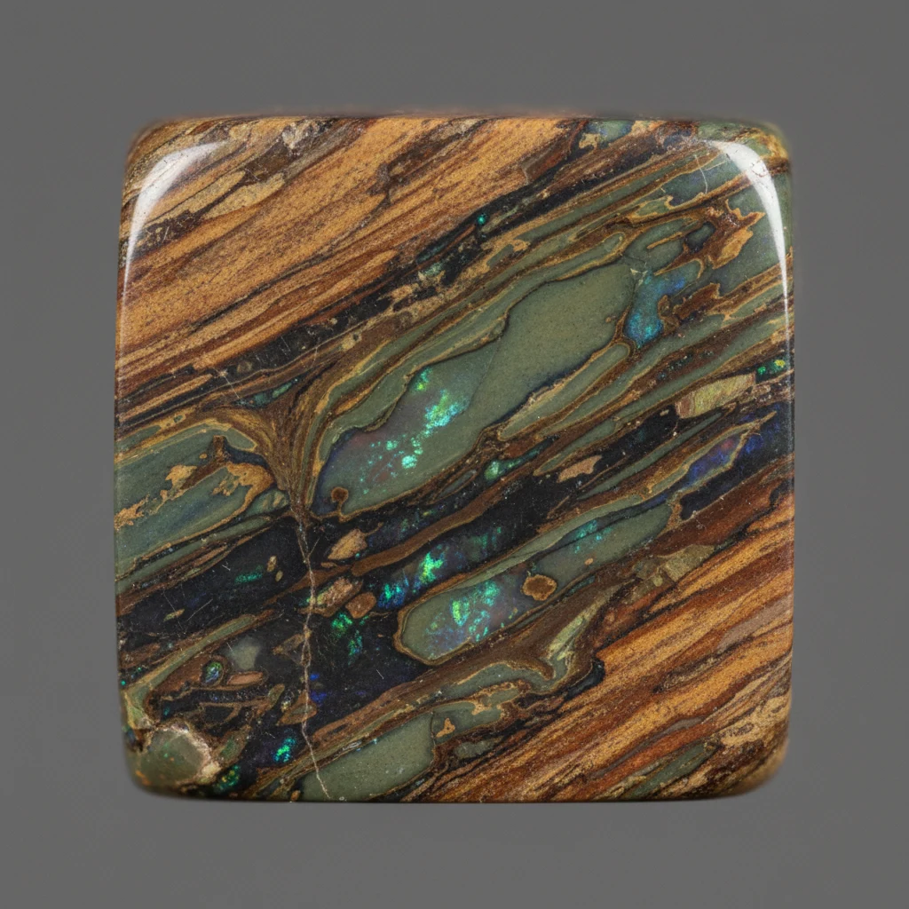 Wood Opal specimen showing wood-like internal structure with brown, black, and green opal patterns